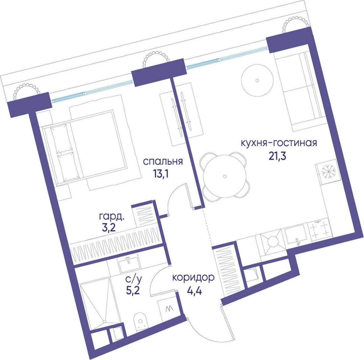 Планировка 1-комнатная квартира в ЖК "Остров"