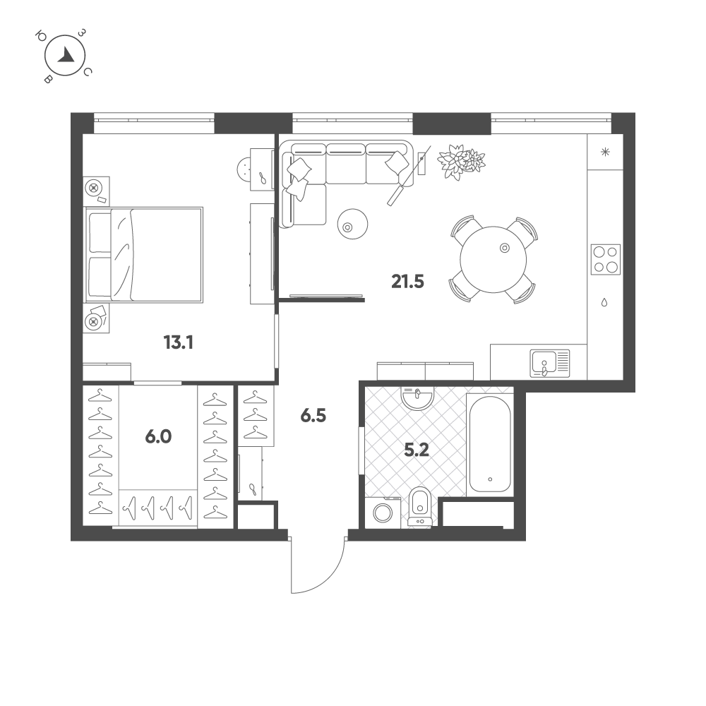 Планировка 1-комнатная квартира в ЖК Voxhall (Воксхолл)