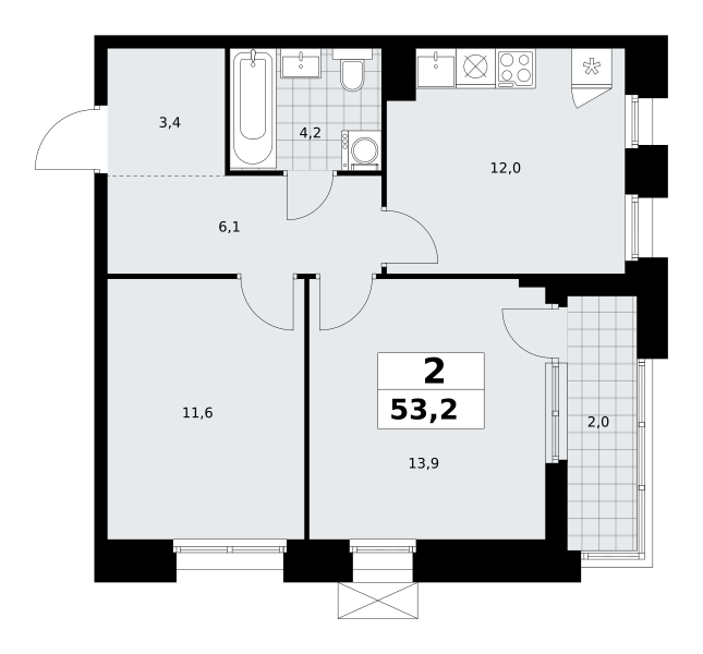 Планировка 2-комнатная квартира в ЖК "Прокшино"