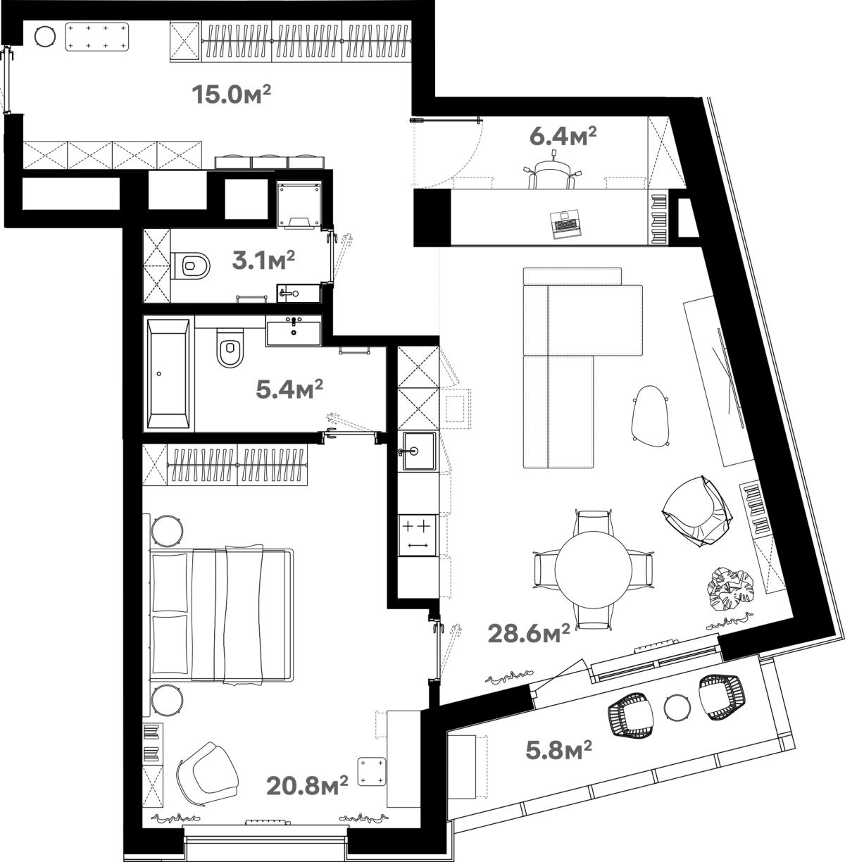 Планировка 2-комнатная квартира в ЖК River Нouse Щёлково
