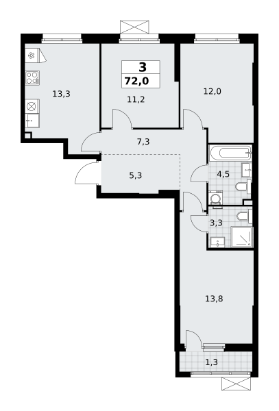 Планировка 3-комнатная квартира в ЖК "Прокшино"