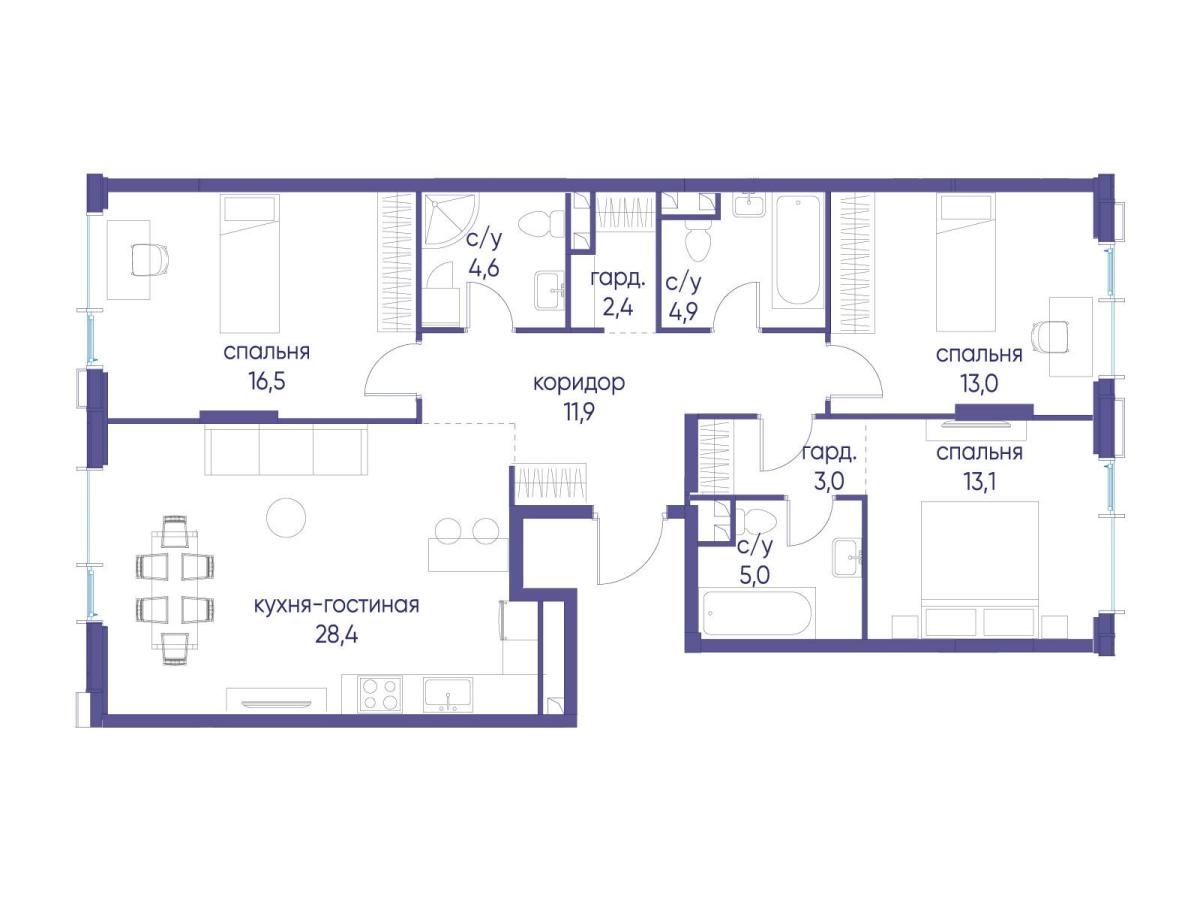 Планировка 3-комнатная квартира в ЖК "Событие"