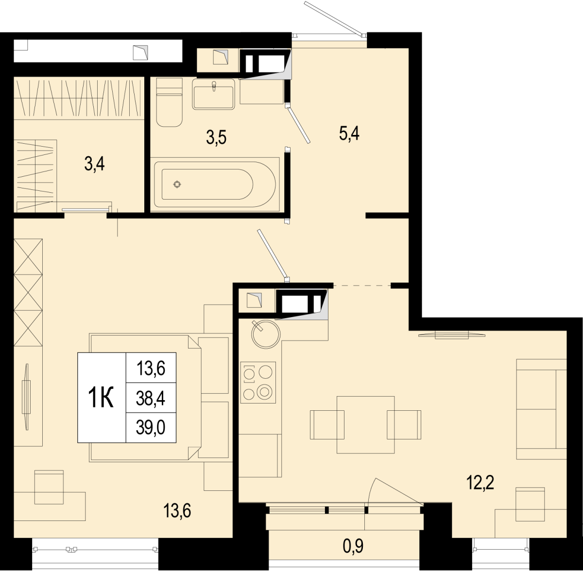 Планировка 1-комнатная квартира в ЖК "Новая Щербинка"