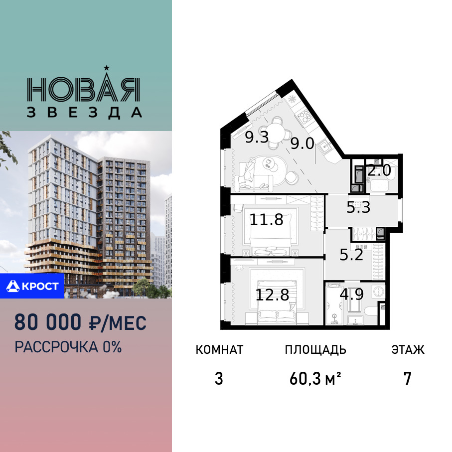 Планировка 3-комнатная квартира в ЖК "Новая Звезда" (Сосенское)