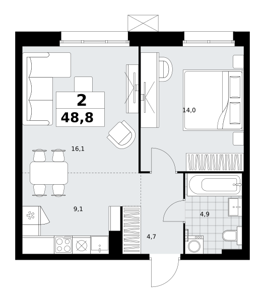 Планировка 2-комнатная квартира в ЖК "Дзен-кварталы"