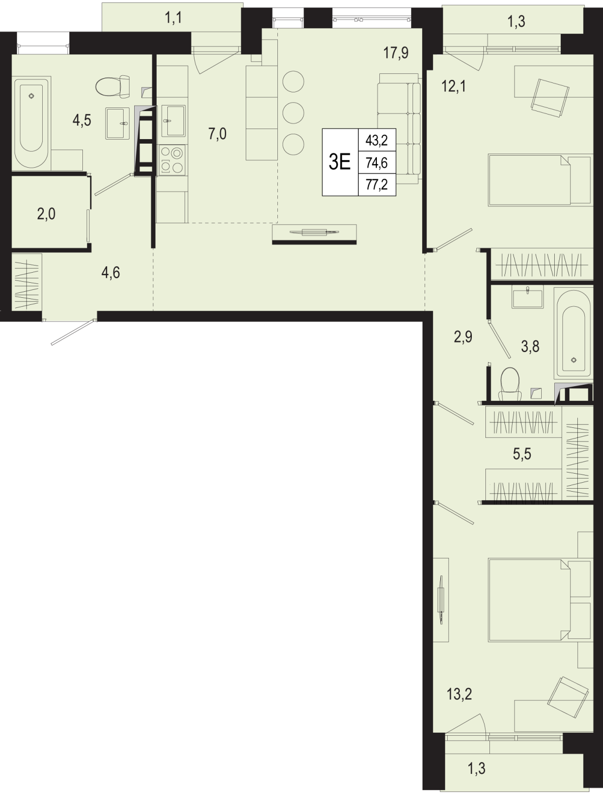Планировка 3-комнатная квартира в ЖК "Новая Щербинка"