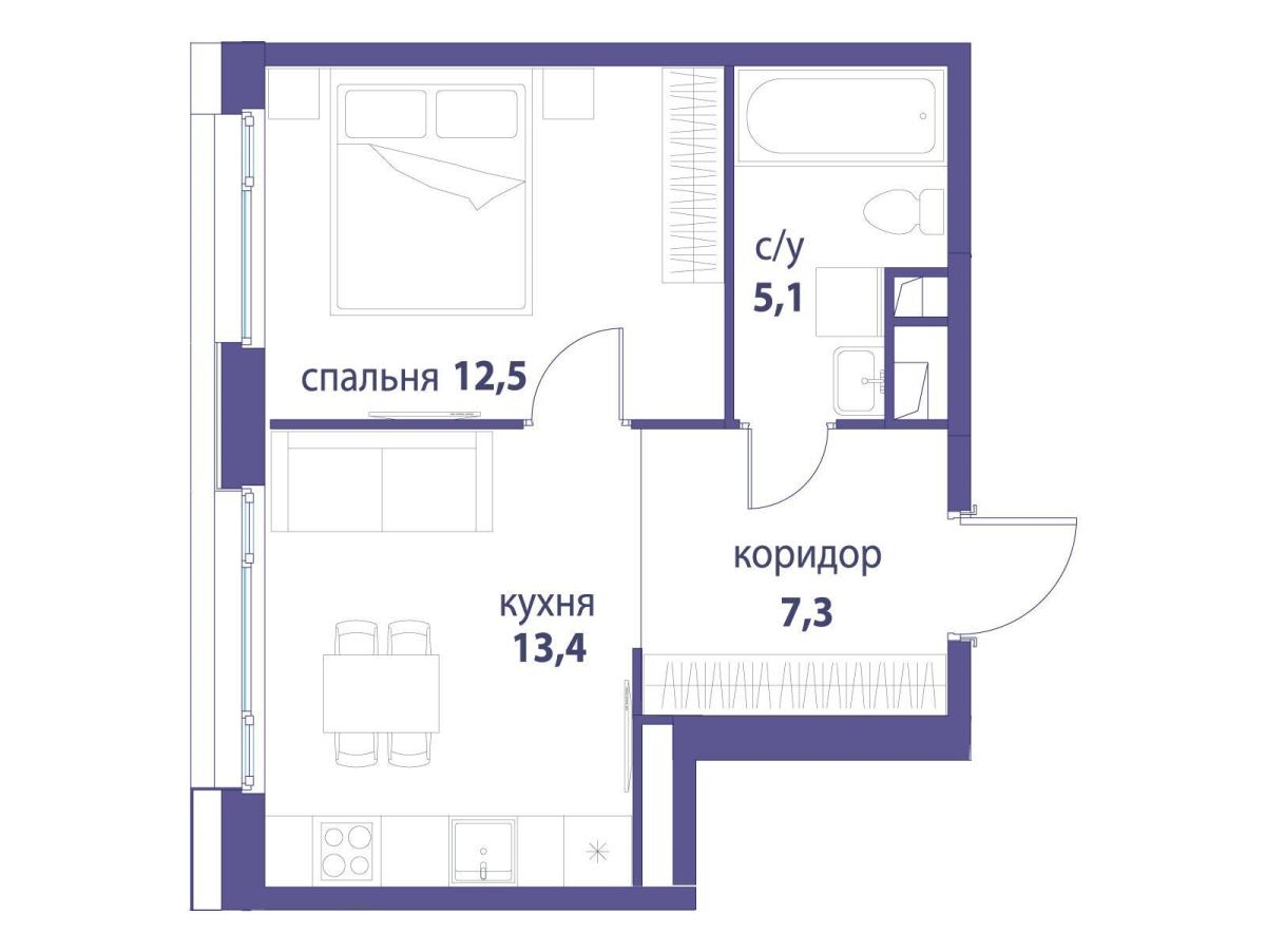 Планировка 1-комнатная квартира в ЖК "Символ"