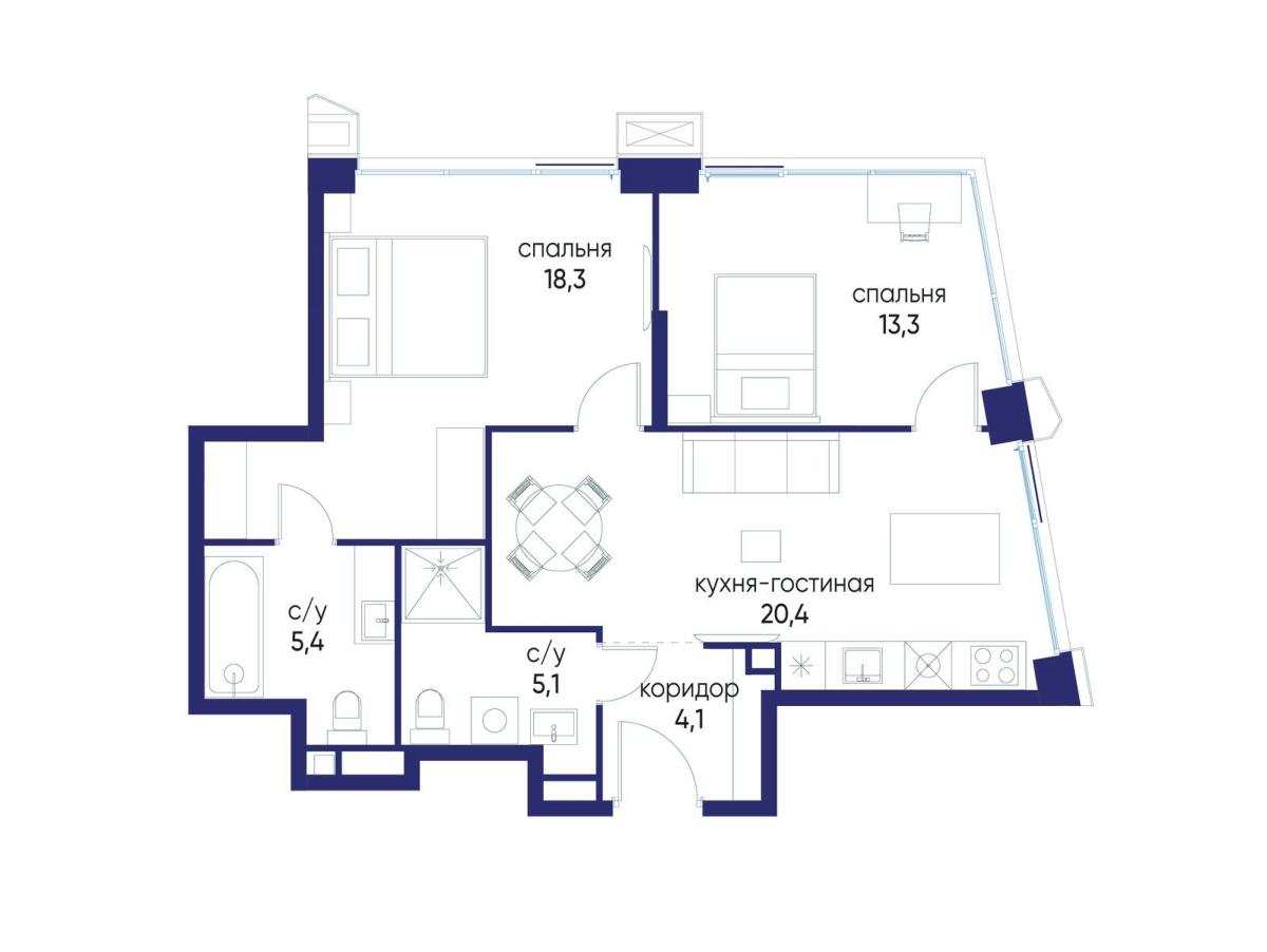 Планировка 2-комнатная квартира в ЖК "Остров"