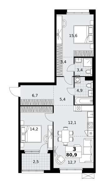 Планировка 3-комнатная квартира в ЖК "Дзен-кварталы"