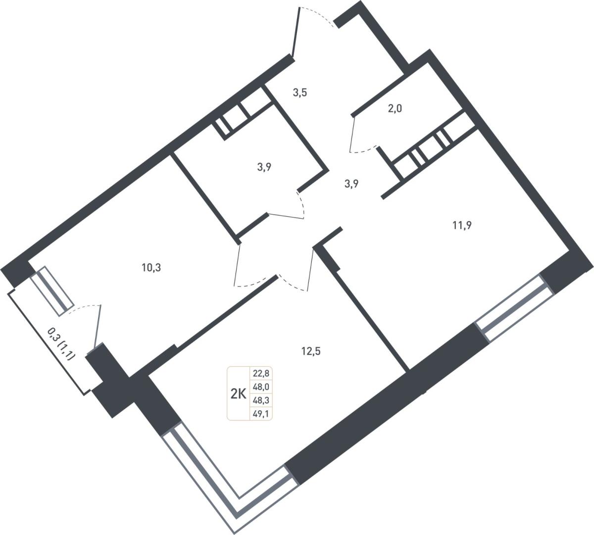 Планировка 2-комнатная квартира в ЖК "Новая Щербинка"