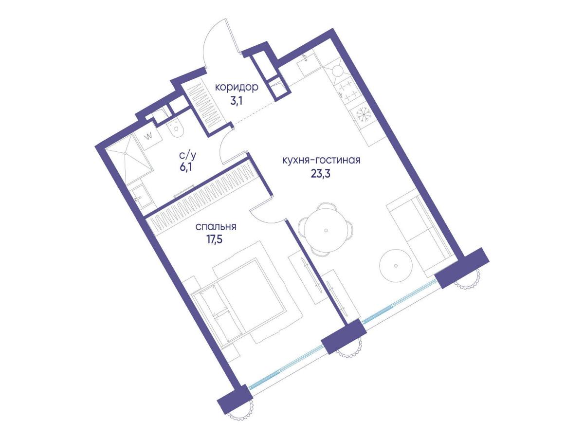 Планировка 1-комнатная квартира в ЖК "Остров"