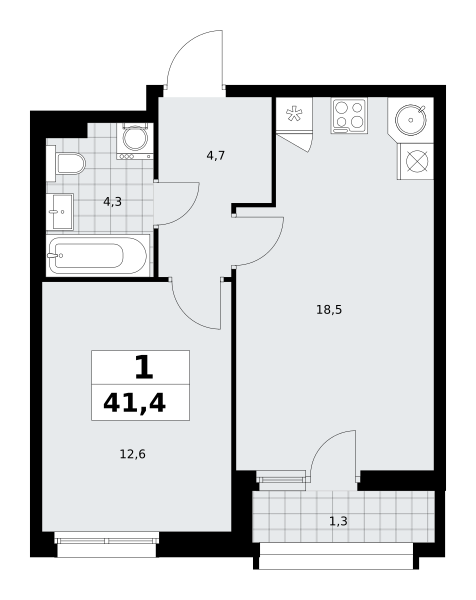 Планировка 1-комнатная квартира в ЖК "Прокшино"