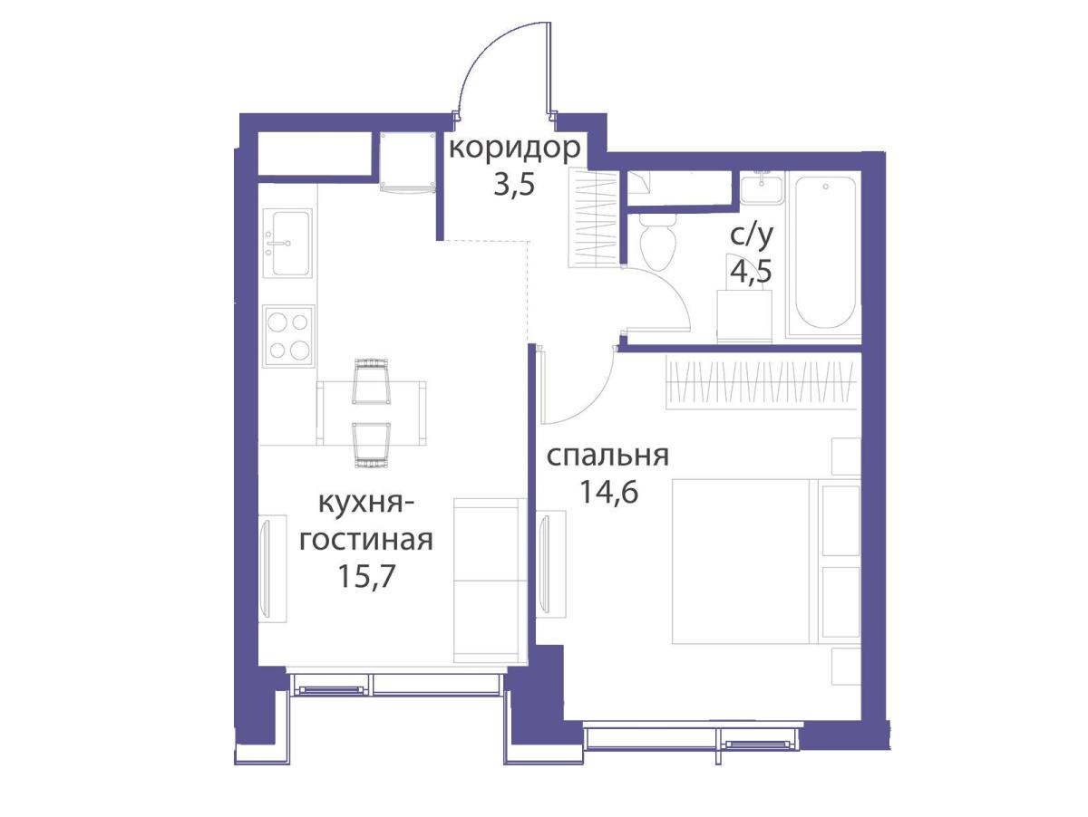 Планировка 1-комнатная квартира в ЖК "Событие"