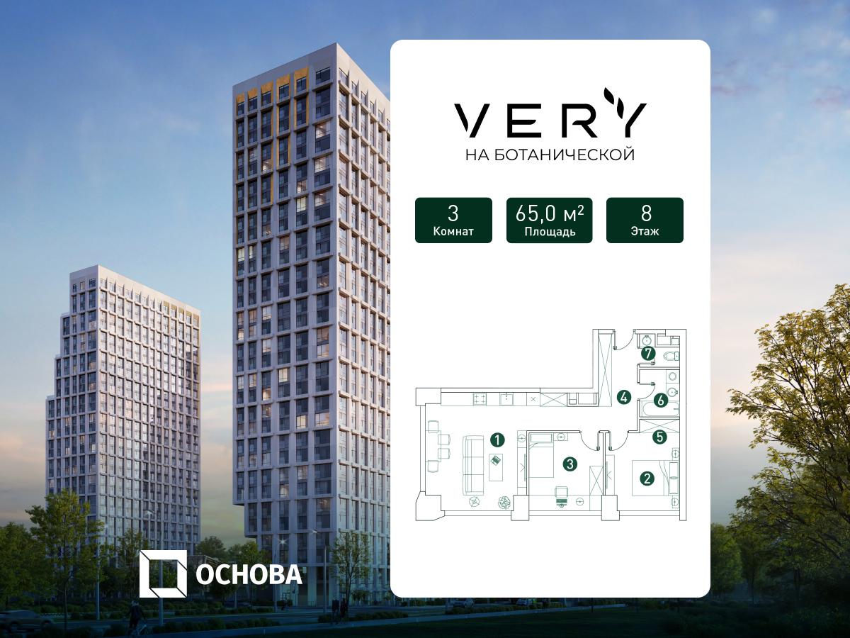 Планировка 3-комнатная квартира в ЖК "VERY на Ботанической"