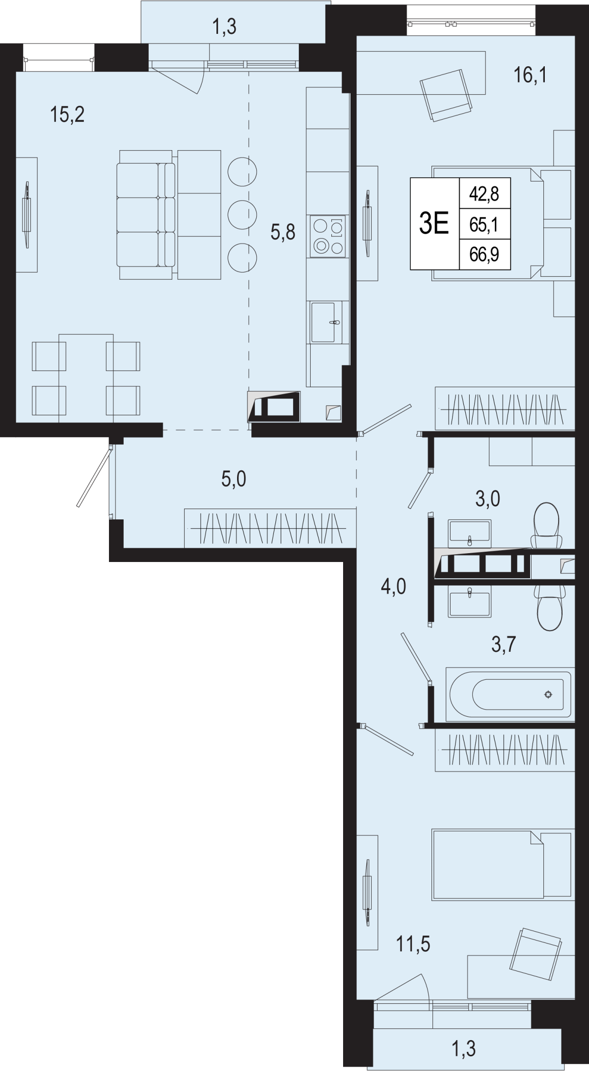 Планировка 3-комнатная квартира в ЖК "Новая Щербинка"