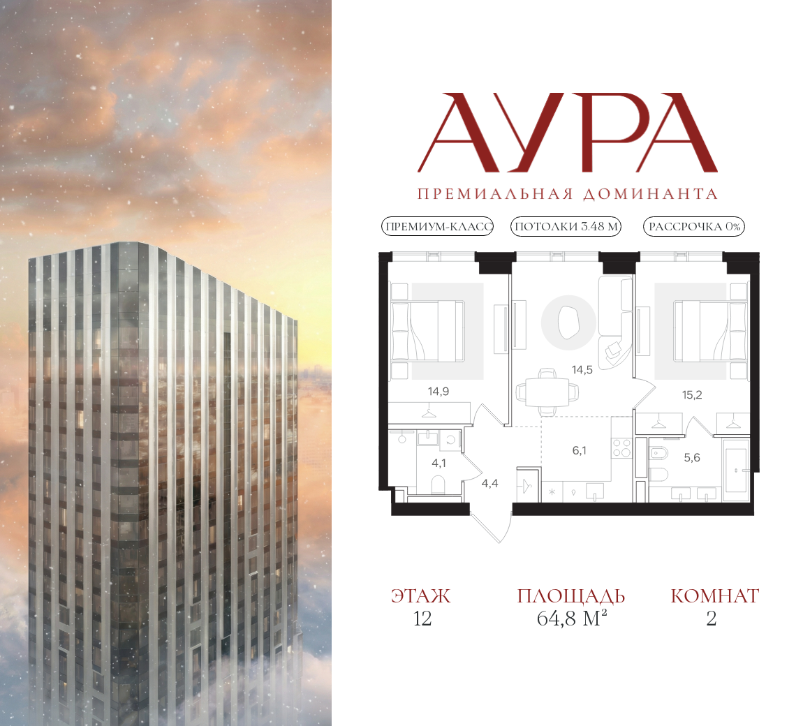 Планировка 2-комнатная квартира в ЖК "АУРА" (Мангазея на Тульской)