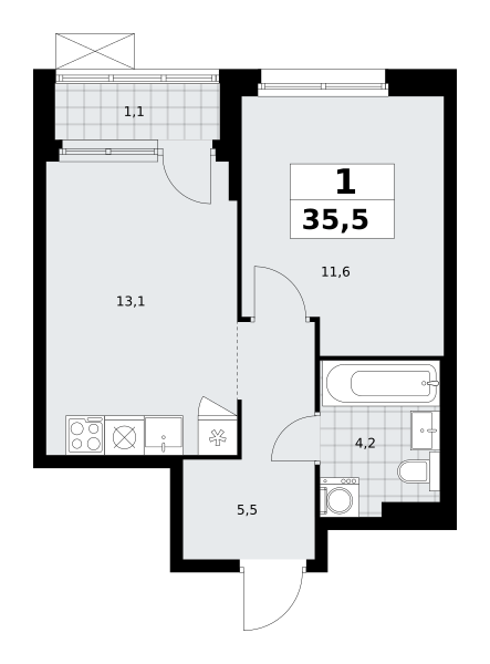 Планировка 1-комнатная квартира в ЖК "Прокшино"