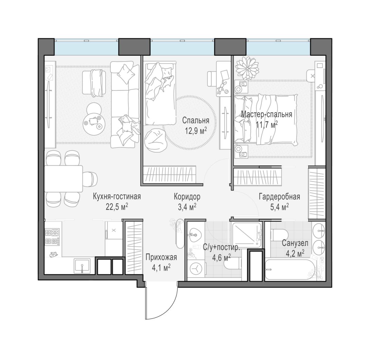 Планировка 3-комнатная квартира в ЖК West Garden (Вест Гарден)