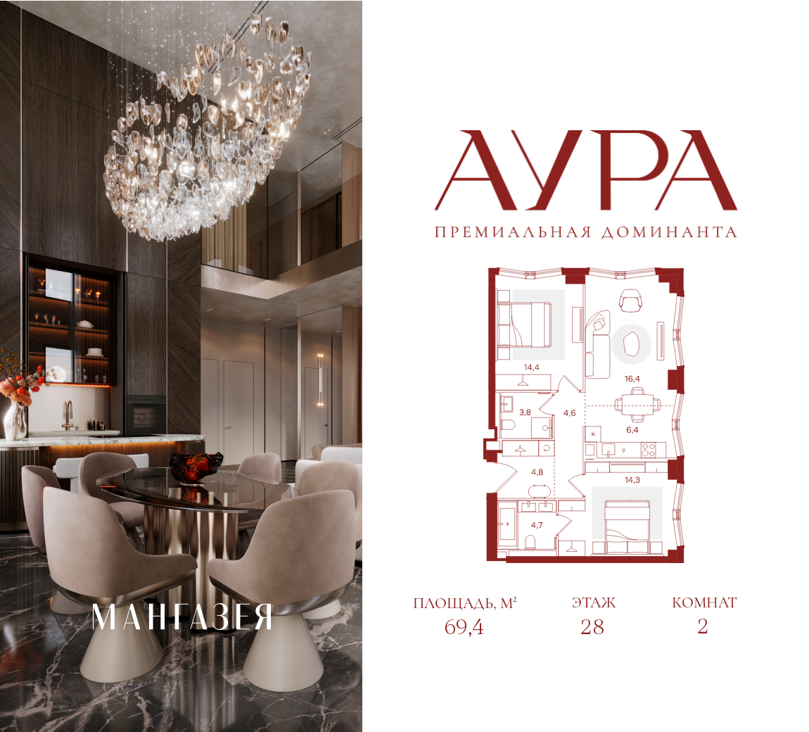 Планировка 2-комнатная квартира в ЖК "АУРА" (Мангазея на Тульской)