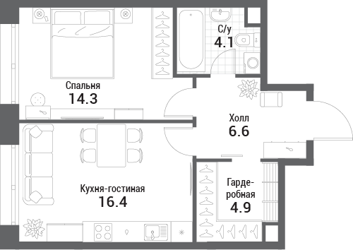Планировка 1-комнатная квартира в ЖК Nagatino i-Land (Нагатино ай-лэнд)