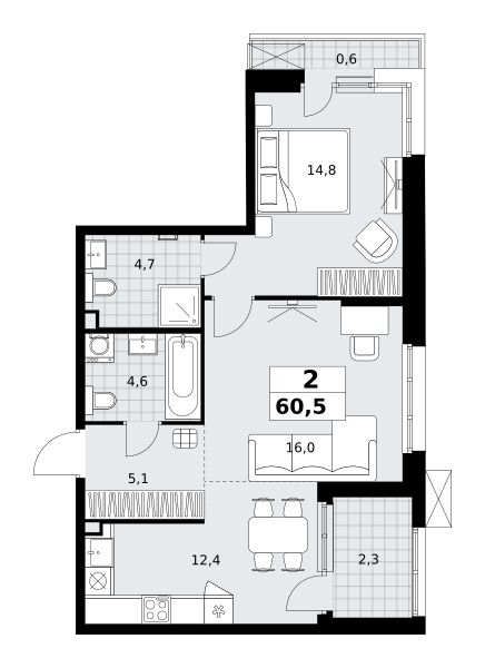Планировка 2-комнатная квартира в ЖК "Дзен-кварталы"