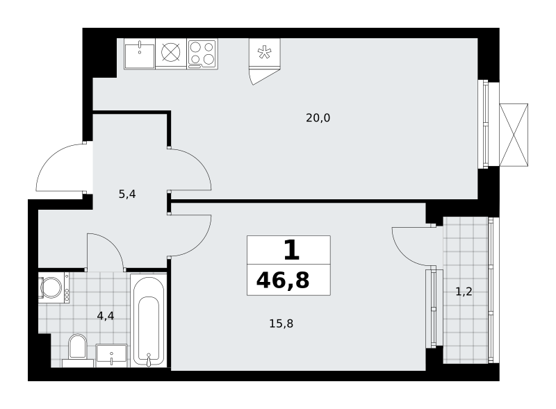 Планировка 1-комнатная квартира в ЖК "Прокшино"