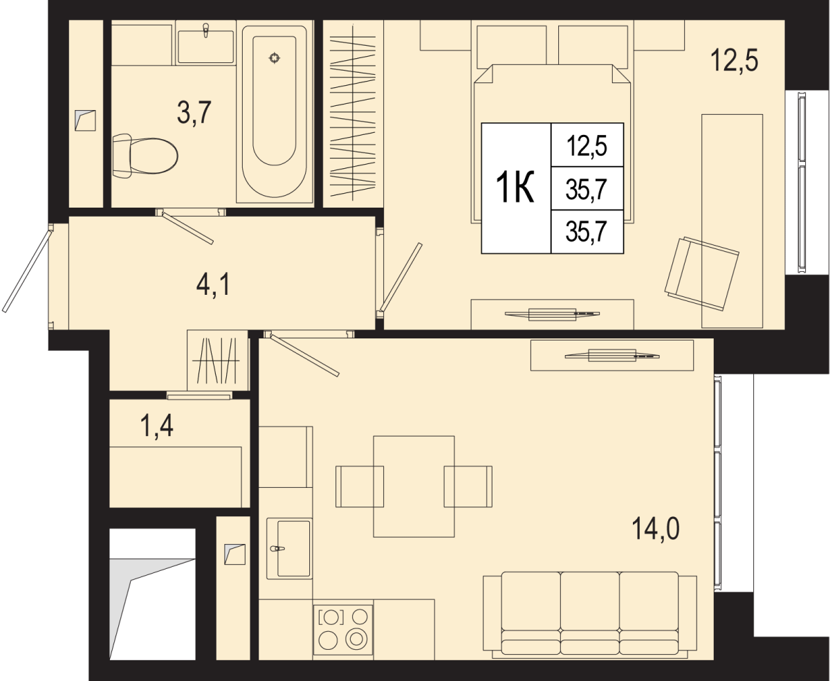 Планировка 1-комнатная квартира в ЖК "Новая Щербинка"