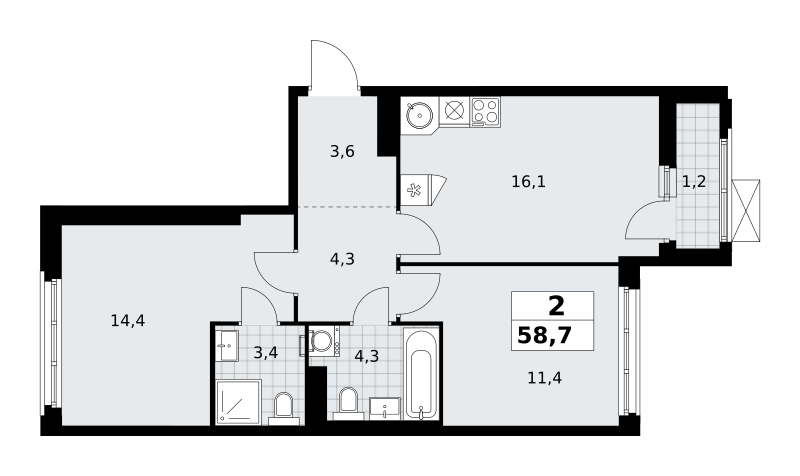 Планировка 2-комнатная квартира в ЖК "Прокшино"