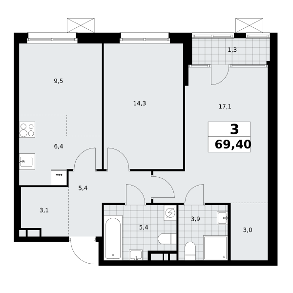 Планировка 3-комнатная квартира в ЖК "Дом на Зорге"