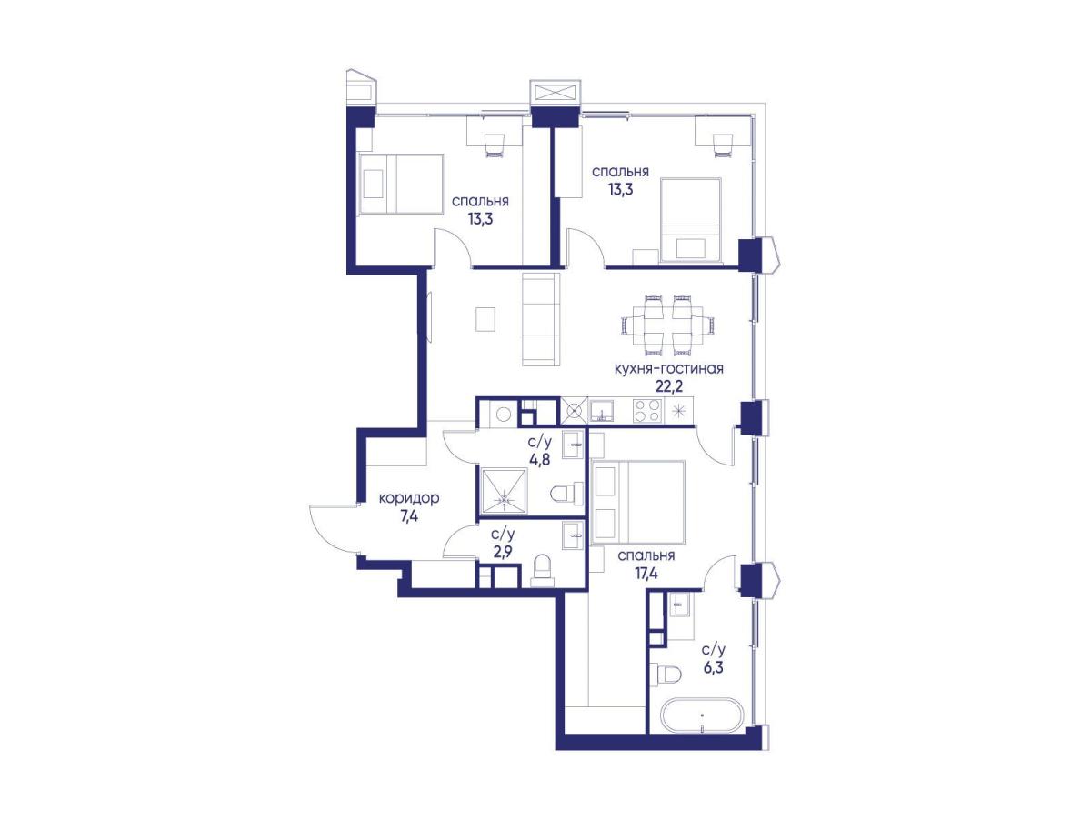 Планировка 3-комнатная квартира в ЖК "Остров"