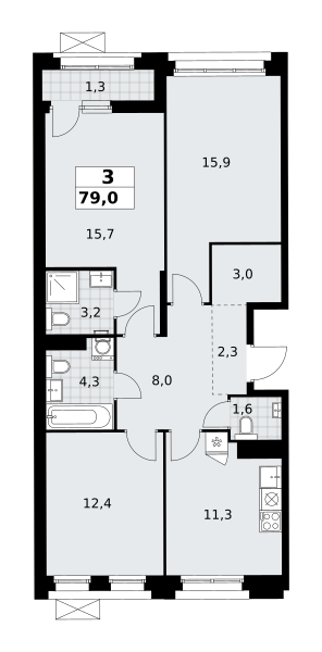 Планировка 3-комнатная квартира в ЖК "Прокшино"