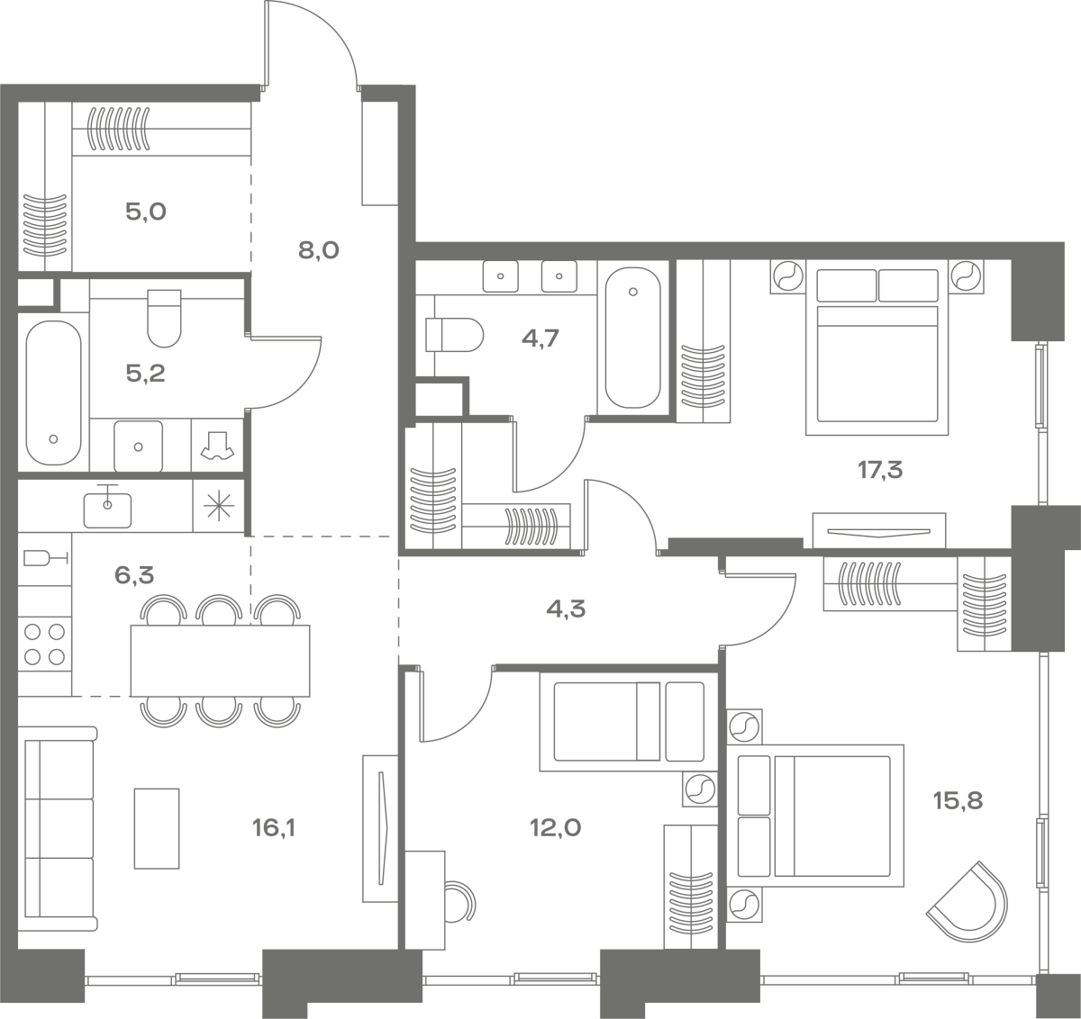 Планировка 3-комнатная квартира в ЖК Soul (Соул)