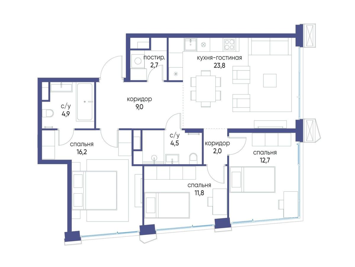 Планировка 3-комнатная квартира в ЖК "Остров"