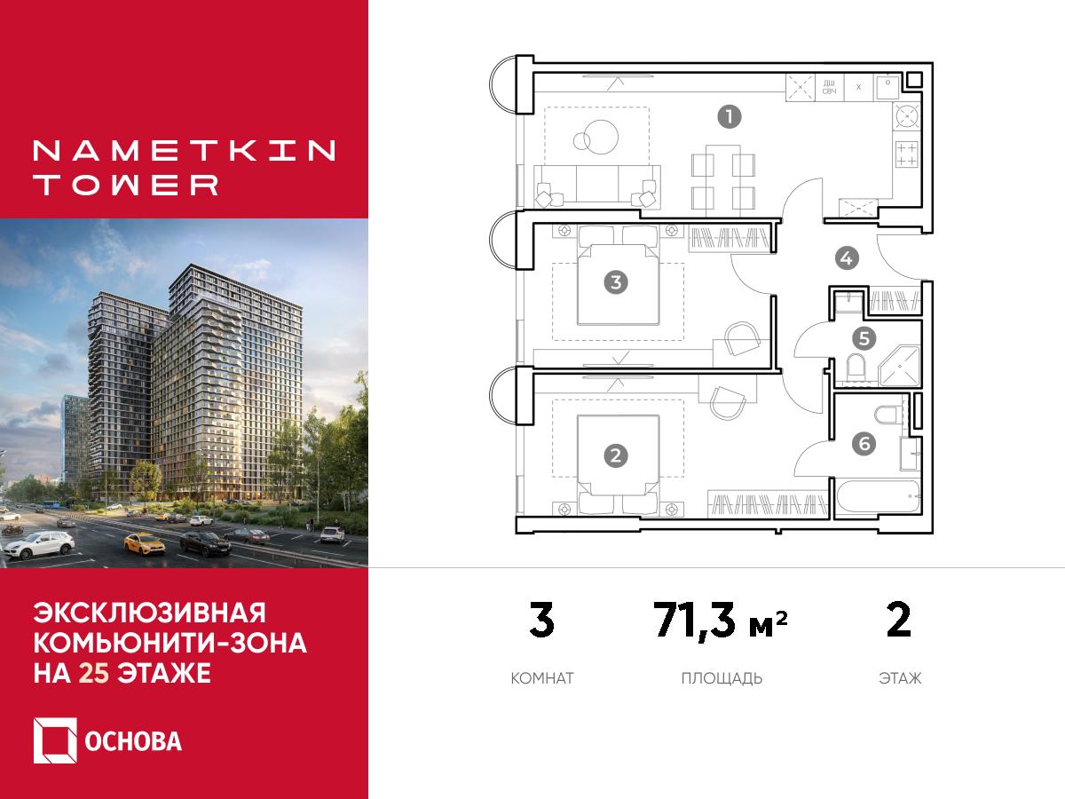 Планировка 3-комнатная квартира в ЖК Nametkin Tower (Наметкин Тауэр)