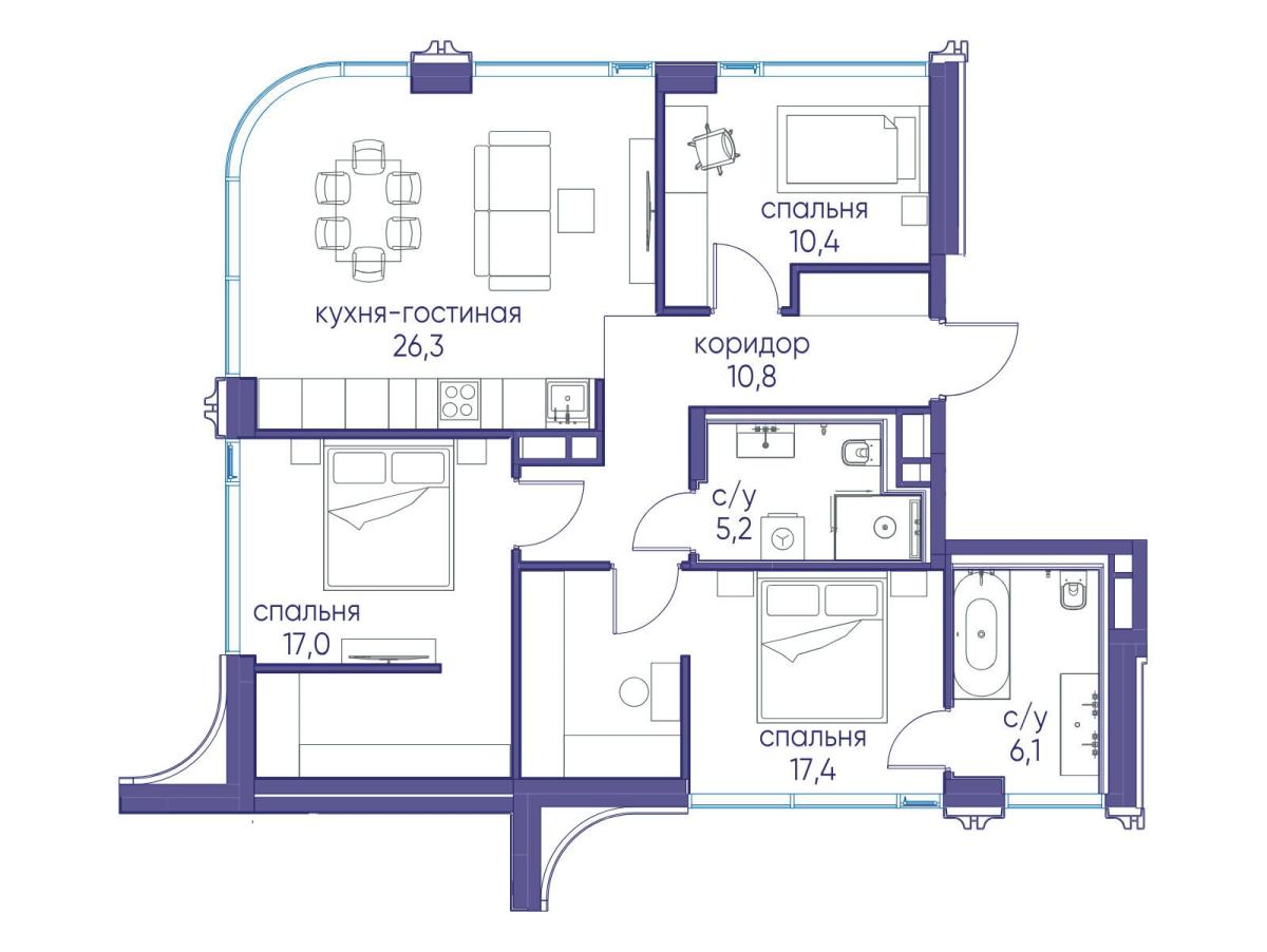 Планировка 3-комнатная квартира в ЖК "Остров"