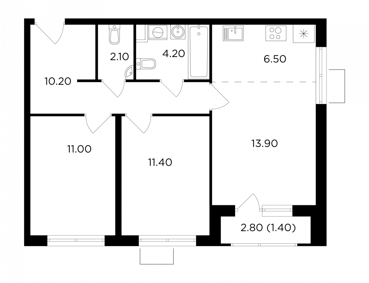 Планировка 3-комнатная квартира в ЖК "Миловидное"