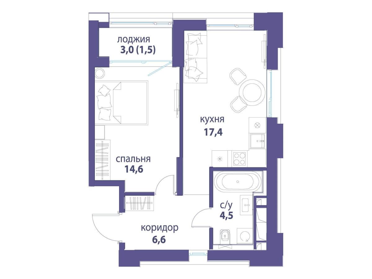 Планировка 1-комнатная квартира в ЖК "Символ"