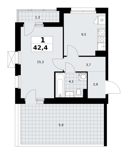 Планировка 1-комнатная квартира в ЖК "Прокшино"