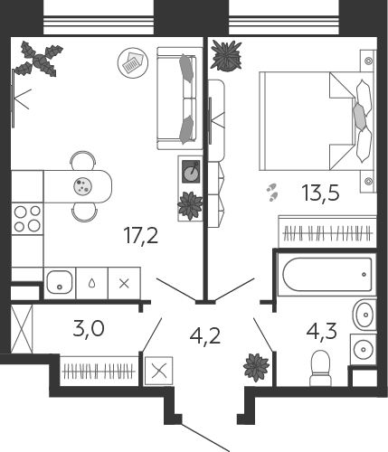 Планировка 1-комнатная квартира в ЖК Shagal (Шагал)