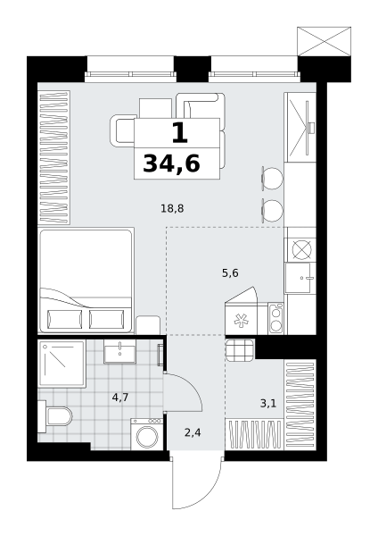 Планировка 1-комнатная квартира в ЖК "Дзен-кварталы"