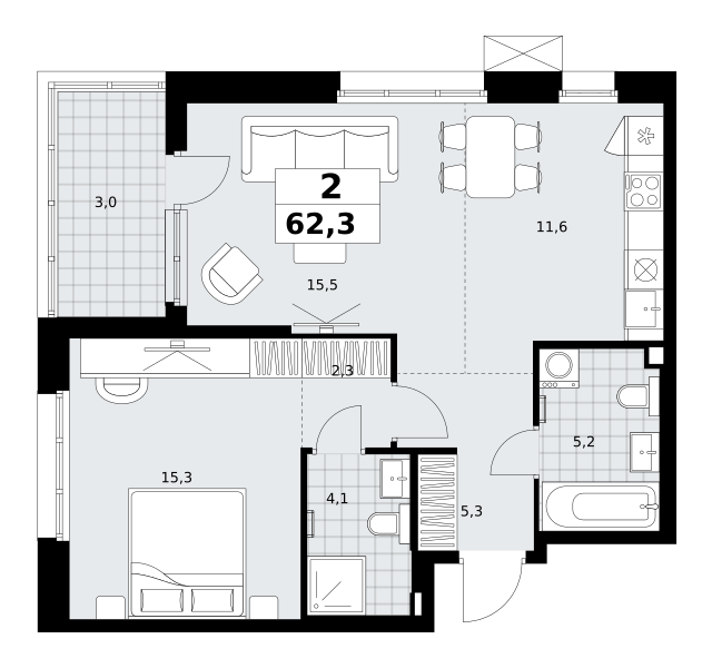 Планировка 2-комнатная квартира в ЖК "Дзен-кварталы"