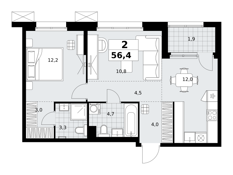 Планировка 2-комнатная квартира в ЖК "Дзен-кварталы"