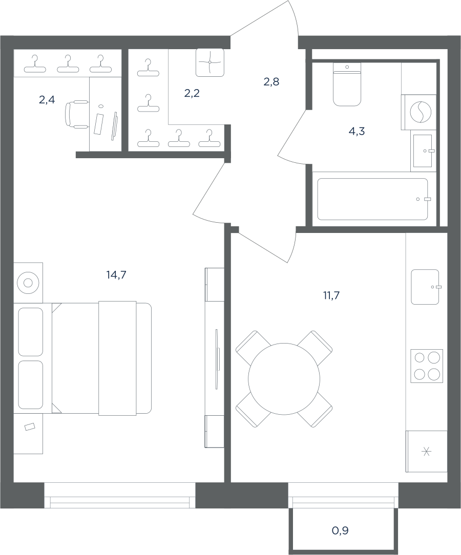 Планировка 1-комнатная квартира в ЖК "Равновесие"