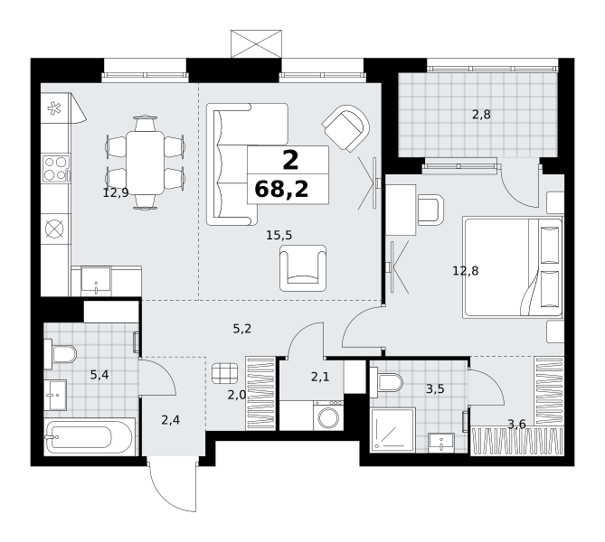Планировка 2-комнатная квартира в ЖК "Дзен-кварталы"