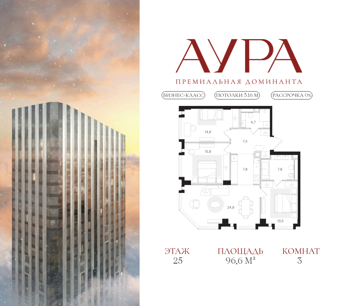 Планировка 3-комнатная квартира в ЖК "АУРА" (Мангазея на Тульской)