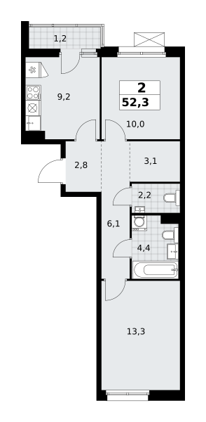 Планировка 2-комнатная квартира в ЖК "Прокшино"