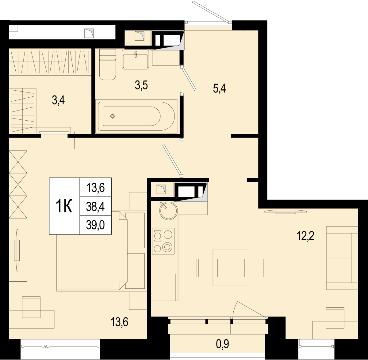 Планировка 1-комнатная квартира в ЖК "Новая Щербинка"