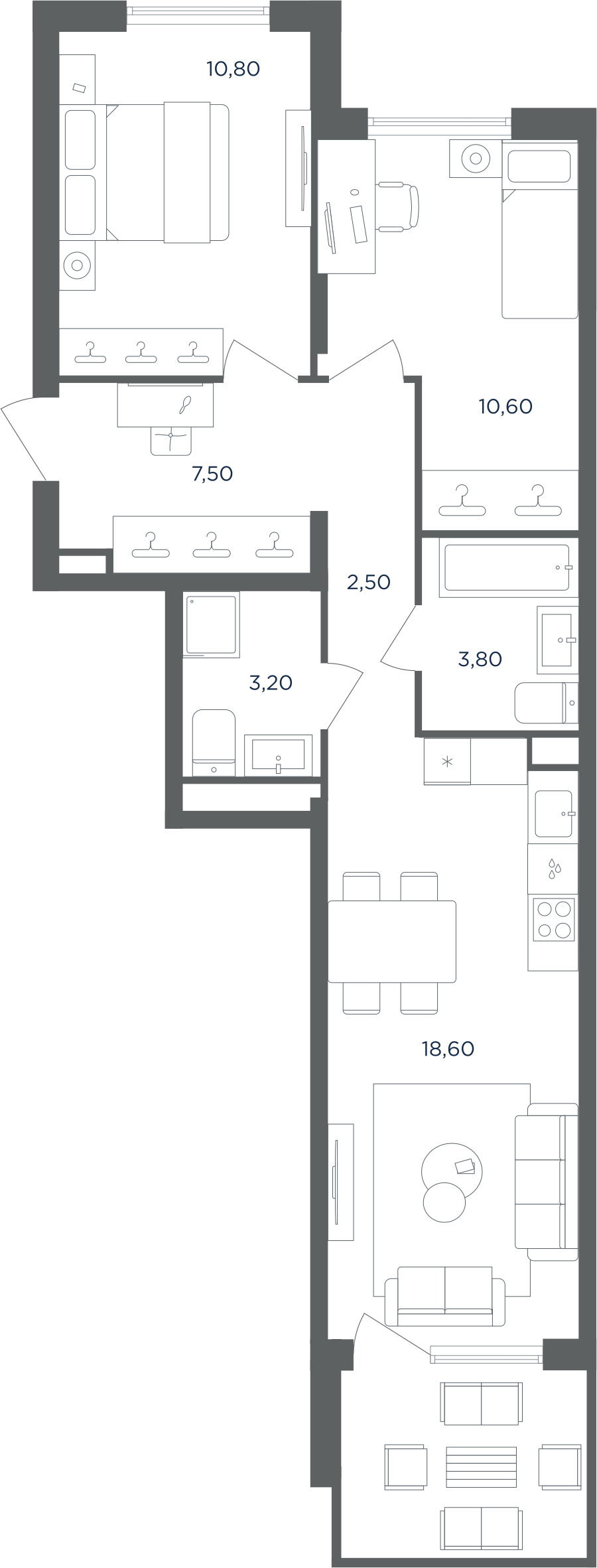 Планировка 3-комнатная квартира в ЖК "Равновесие"