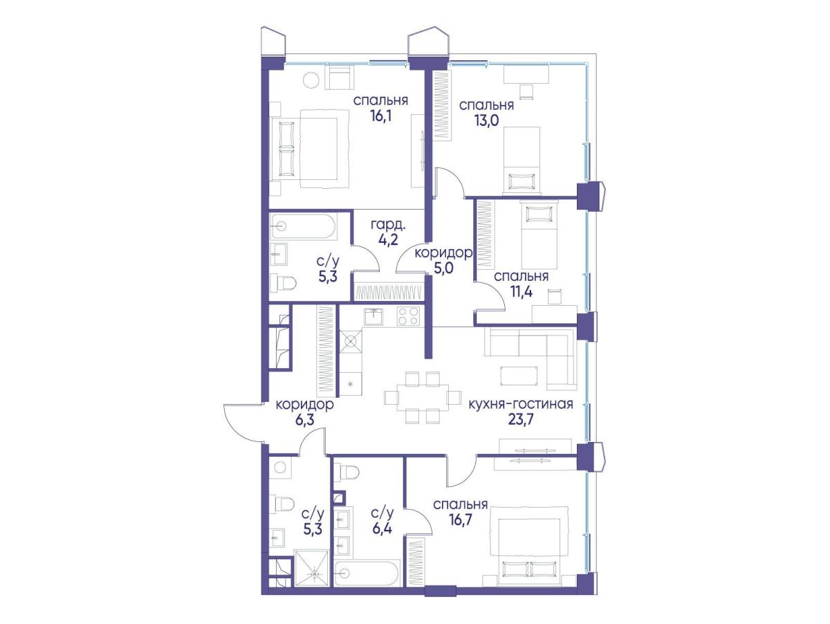 Планировка 4-комнатная квартира в ЖК "Остров"
