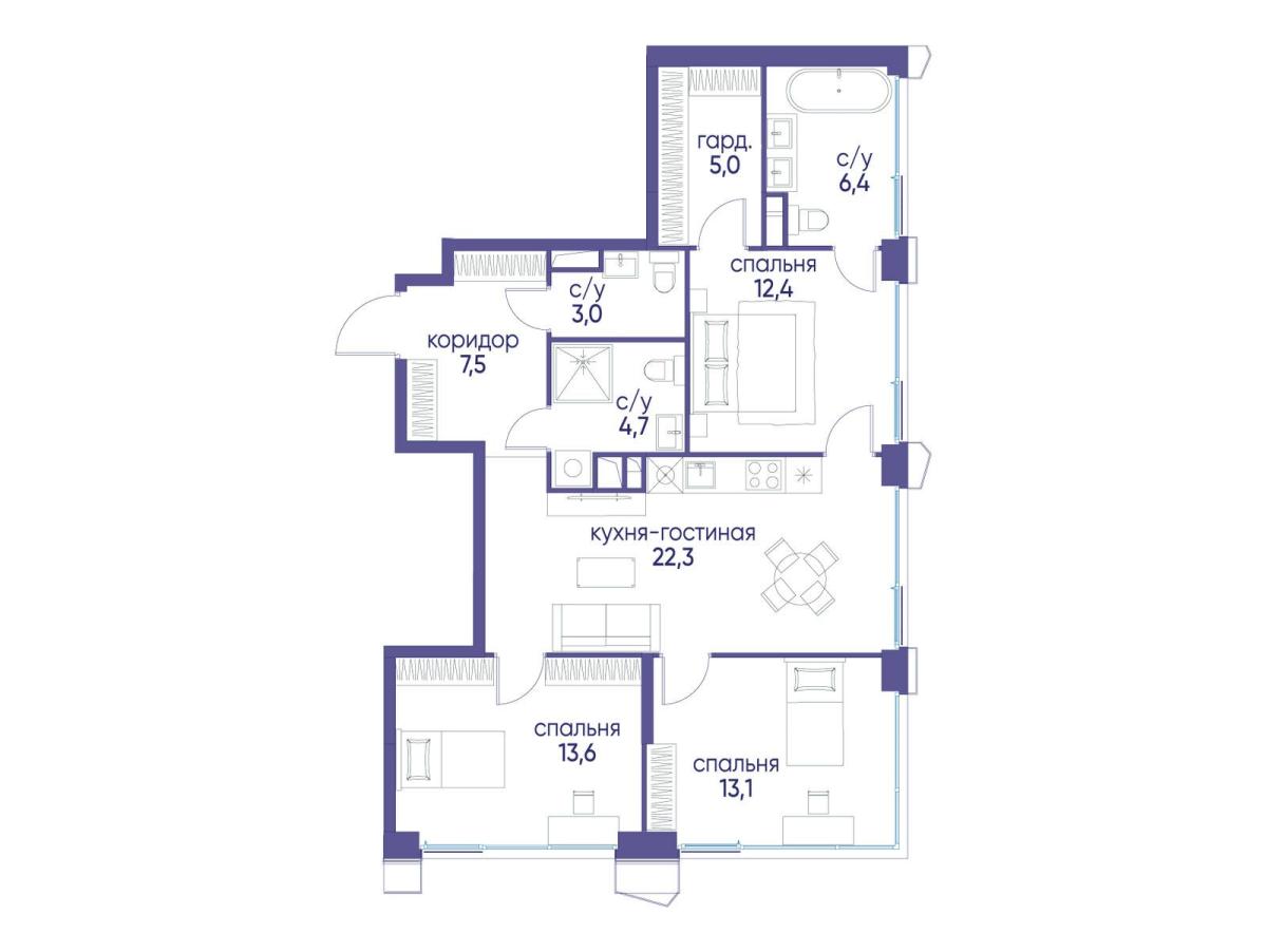 Планировка 3-комнатная квартира в ЖК "Остров"